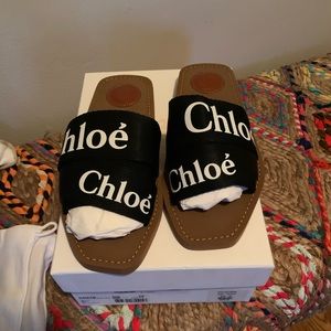 Brand New Blk /Wht Woody Flat Logo Slide Sandals
